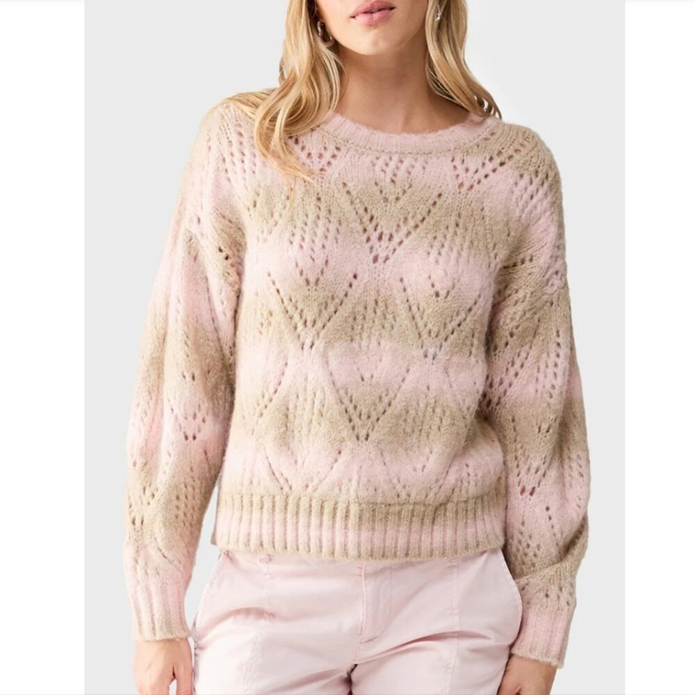 Sanctuary Pink Green Pointelle Open Knit Chunky Sweater Striped NWT - Large